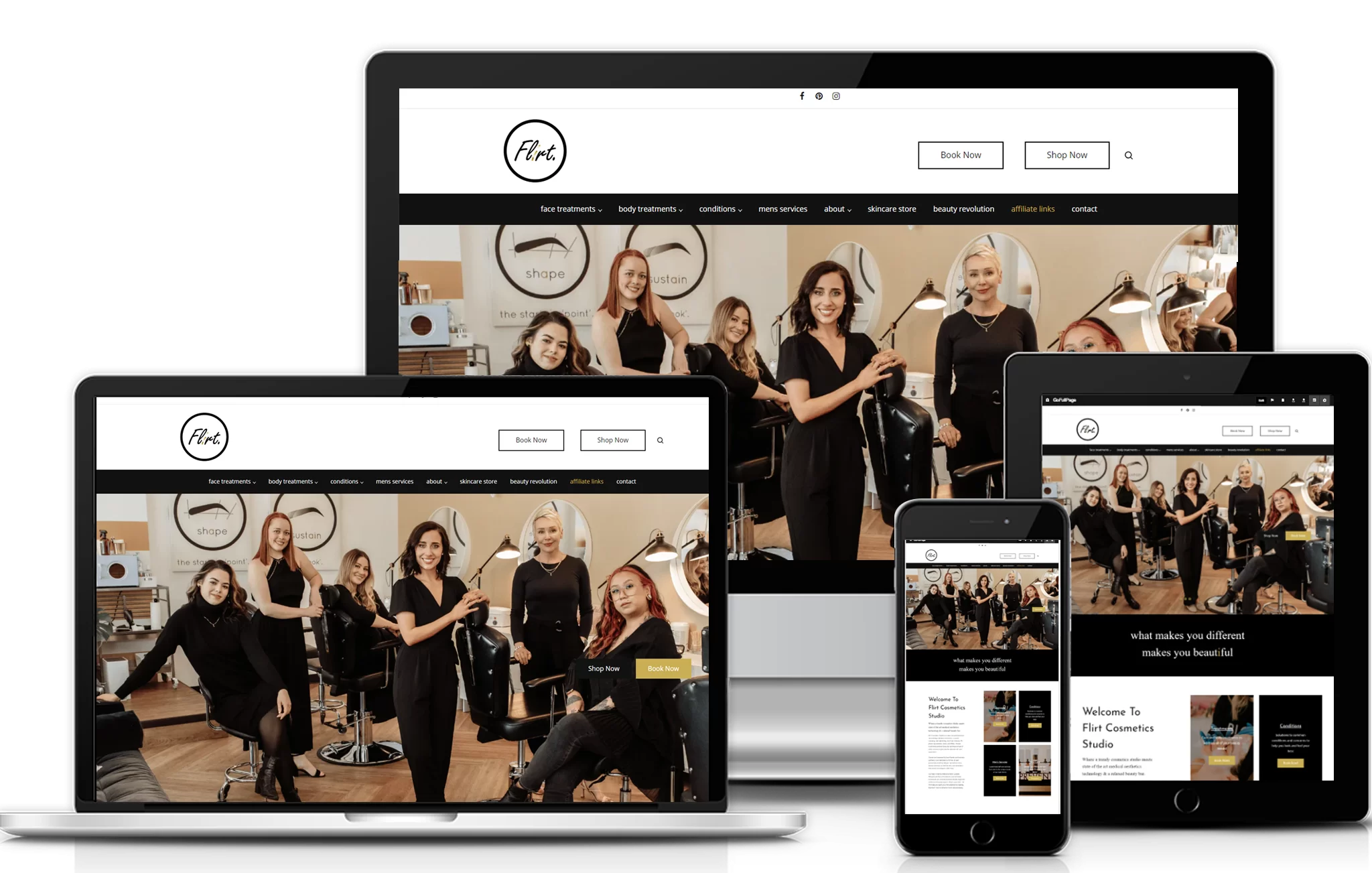 A laptop, desktop screen, tablet and mobile displaying the same website