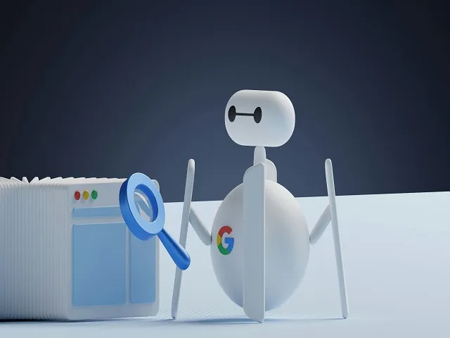 A friendly, cartoonish robot with a Google logo stands beside a web browser and a magnifying glass to suggest is seo dead